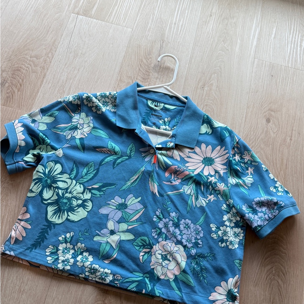 Nike Blue and Green Floral Polo Shirt